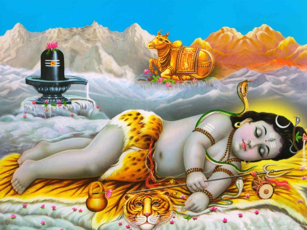 Shiva en train de s'endormir. Dans la main se trouve trident (trishula). Autour se trouve la vache sacré, la tête de tigre et le serpent. Shiva enfant est vêtu d'une fourure. AU fond la montagne est grise et le ciel bleu.