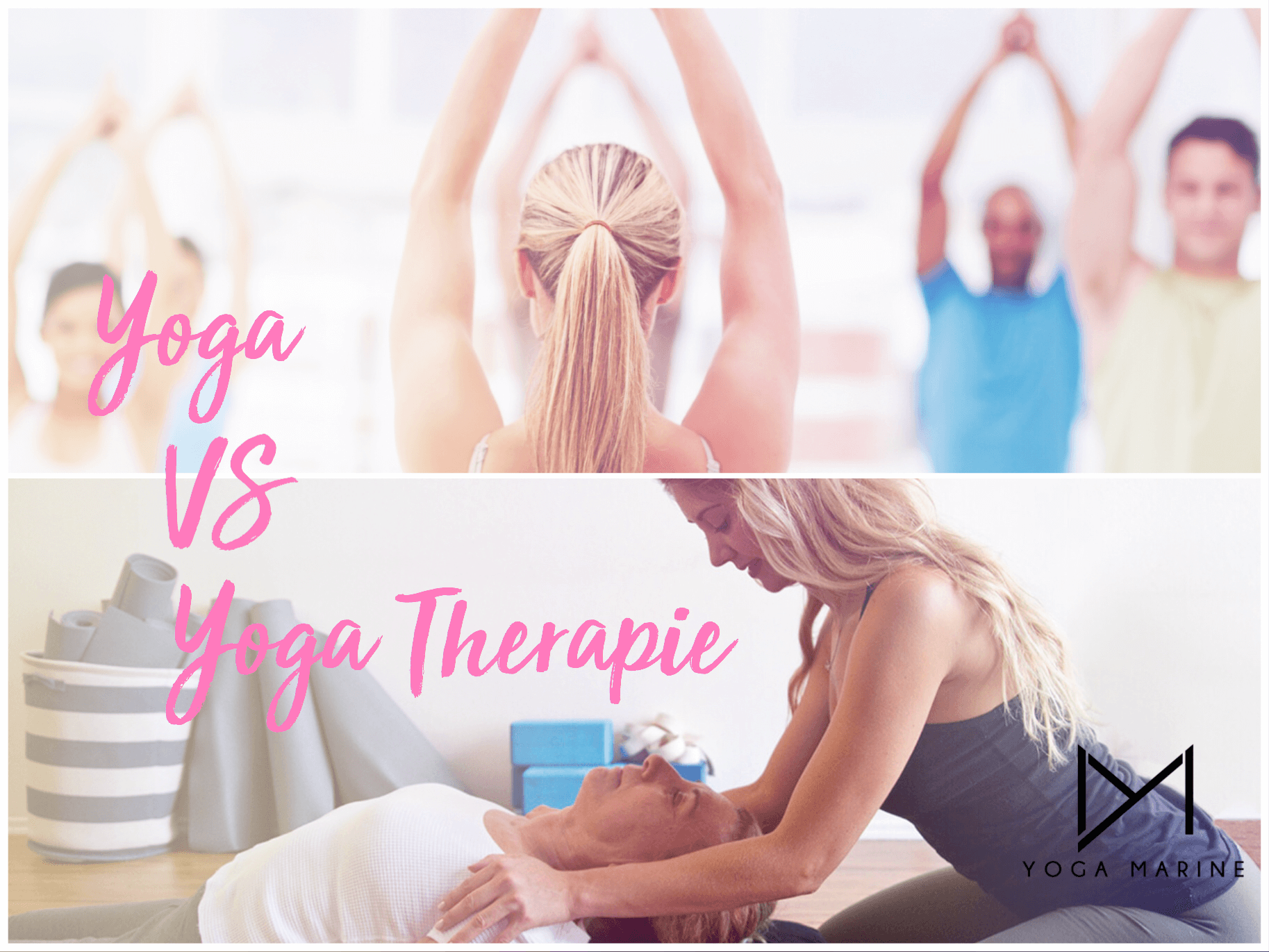 yoga VS Yoga thérapie avec Marine. On voit une jeune femme réaliser un soin à une personne plus agée