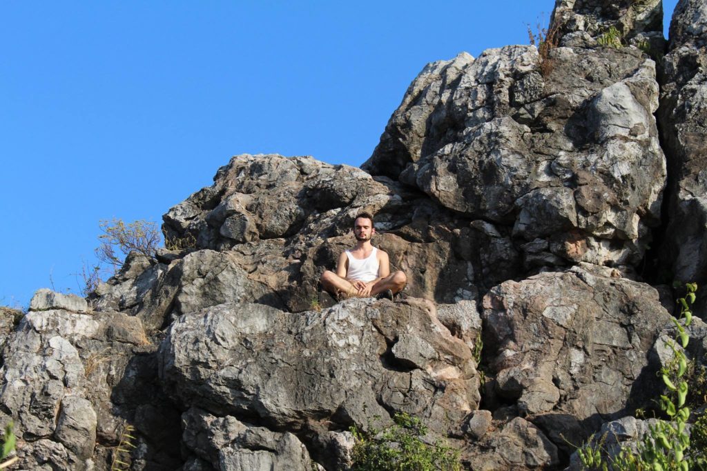 vaincre le stress avec Dorian. Au bord de la montagne on voit Dorian posé sur un rocher. Le ciel est bleu. Quelques branchages.